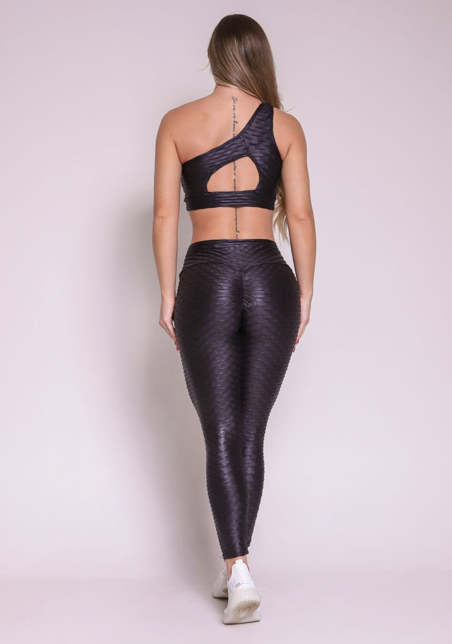 Black Sparkling Texture Scrunch Leggings Set