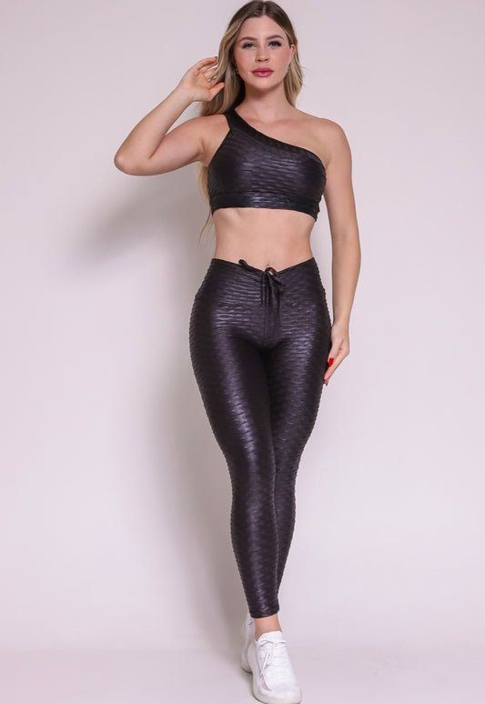 Black Sparkling Texture Scrunch Leggings Set