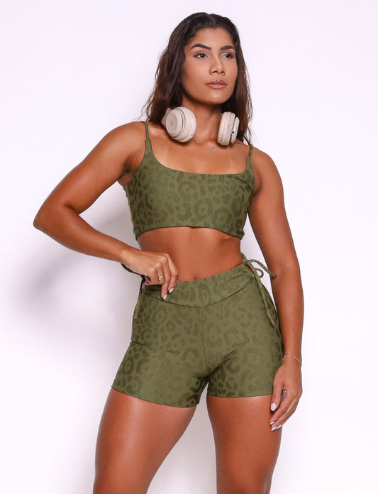 Fluffy Army Green Cheetah Shorts